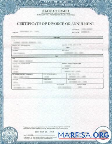 Realistic USA Department of health and welfare of Idaho divorce certificate template